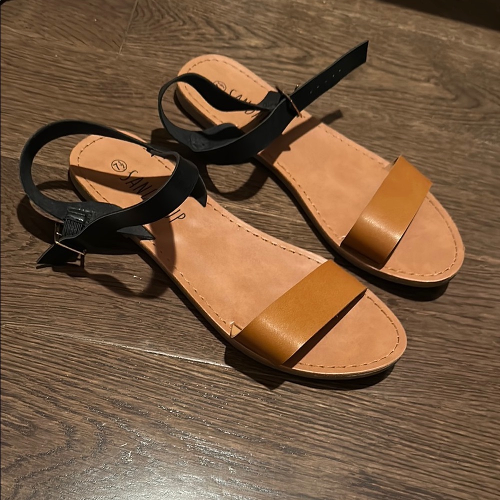 Tan and Black Minimalist Sandals with Adjustable Straps